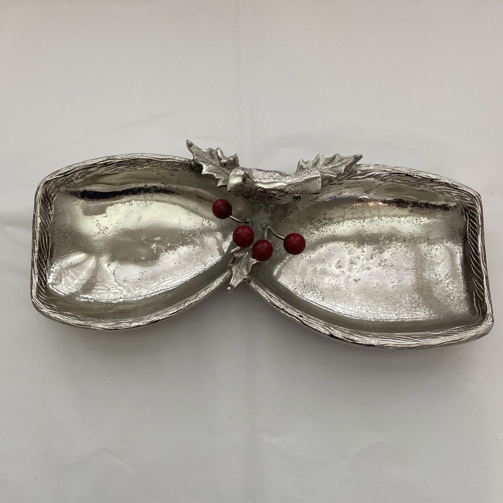 Silver Christmas Candy Serving Tray Bird And Cranberries